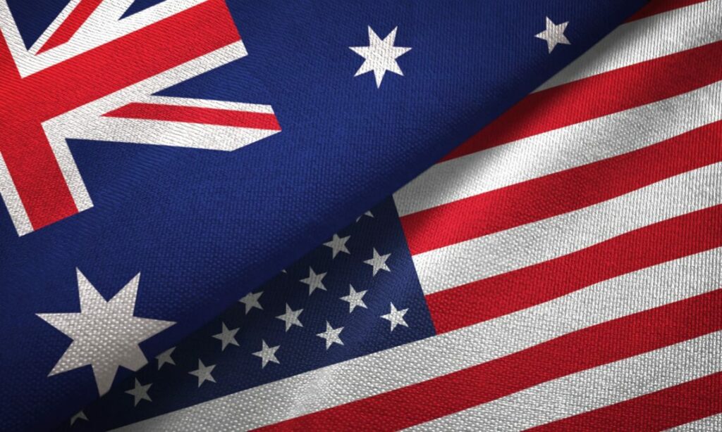 Australia and United States two flags textile cloth, fabric texture